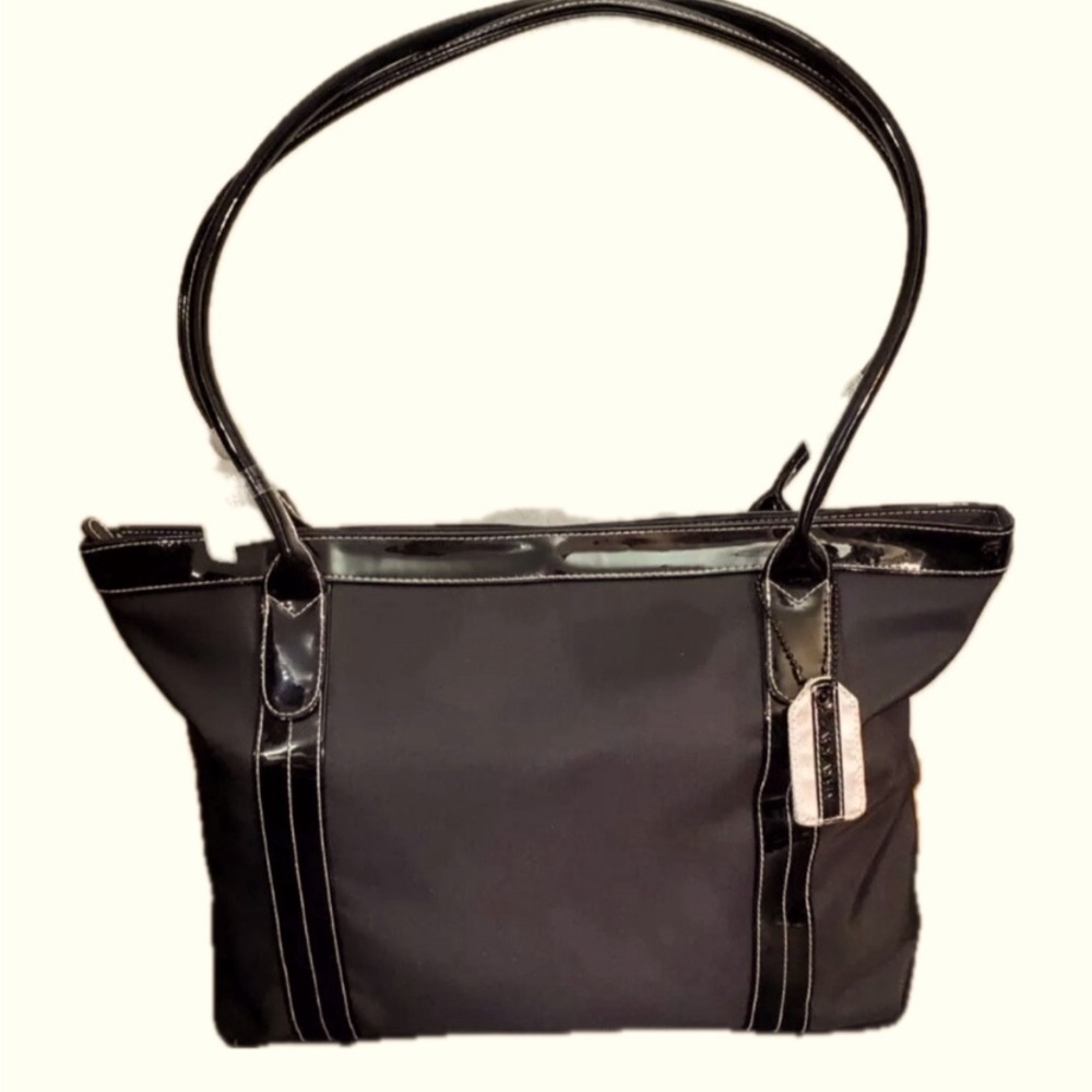 Mary Kay travel tote large black pat leather accents purse w/ lipstick case